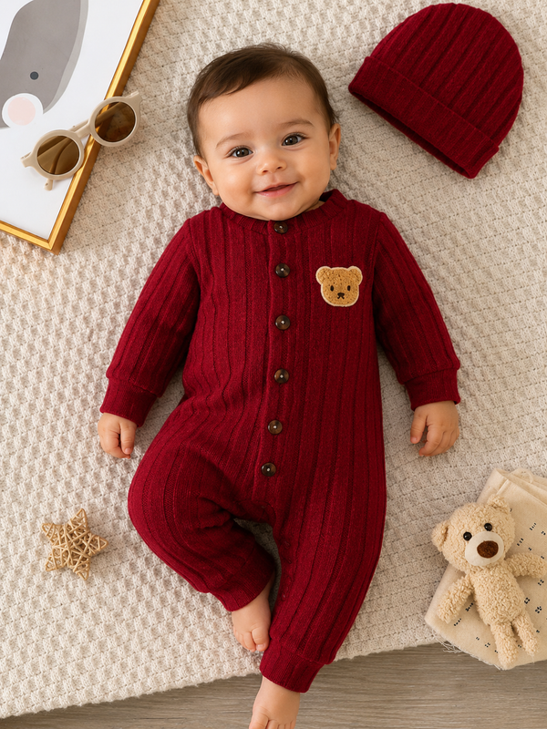 Mameluco Bebé con Detalle de Osito y Gorro Incluido — Otoño Invierno, 1 a 18 Meses