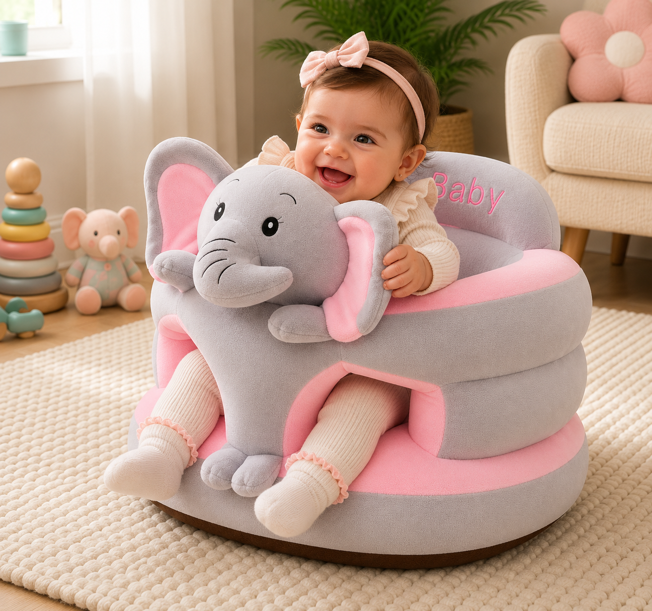 Bebé niña en Silla Elefante Rosa